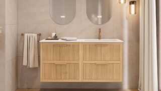 Modern naturel eiken badkamermeubel 100 cm met twee lades en mat beige mineraalstenen wastafel