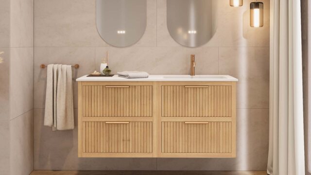 Modern naturel eiken badkamermeubel 100 cm met twee lades en mat beige mineraalstenen wastafel