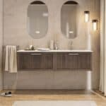 Hangend donker eiken badkamermeubel 120 cm met twee lades en dubbele mat beige mineraalstenen wastafel