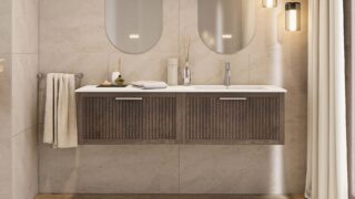 Hangend donker eiken badkamermeubel 120 cm met twee lades en dubbele mat beige mineraalstenen wastafel