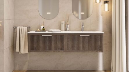Hangend donker eiken badkamermeubel 120 cm met twee lades en dubbele mat beige mineraalstenen wastafel