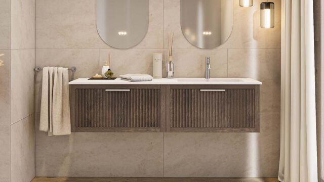 Hangend donker eiken badkamermeubel 120 cm met twee lades en dubbele mat beige mineraalstenen wastafel