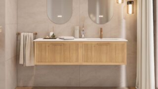 Hangend naturel eiken badkamermeubel 120 cm met twee lades en dubbele mat beige mineraalstenen wastafel