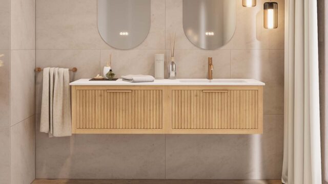 Hangend naturel eiken badkamermeubel 120 cm met twee lades en dubbele mat beige mineraalstenen wastafel