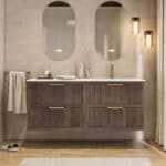 Modern donker eiken badkamermeubel 120 cm met twee lades en mat beige mineraalstenen wastafel