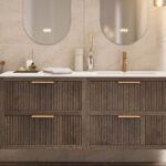 Modern donker eiken badkamermeubel 120 cm met twee lades en mat beige mineraalstenen wastafel