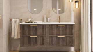 Modern donker eiken badkamermeubel 120 cm met twee lades en mat beige mineraalstenen wastafel
