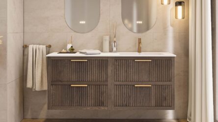 Modern donker eiken badkamermeubel 120 cm met twee lades en mat beige mineraalstenen wastafel