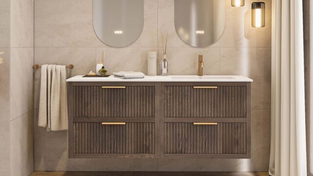 Modern donker eiken badkamermeubel 120 cm met twee lades en mat beige mineraalstenen wastafel