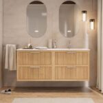 Modern naturel eiken badkamermeubel 120 cm met twee lades en mat beige mineraalstenen wastafel