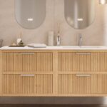 Modern naturel eiken badkamermeubel 120 cm met twee lades en mat beige mineraalstenen wastafel