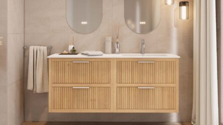 Modern naturel eiken badkamermeubel 120 cm met twee lades en mat beige mineraalstenen wastafel