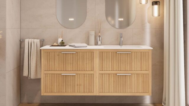 Modern naturel eiken badkamermeubel 120 cm met twee lades en mat beige mineraalstenen wastafel