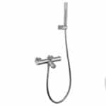 Stijlvolle thermostatische bad/douchekraan in geborsteld nikkel. Geleverd als complete set met handdouche, doucheslang en wandhaak. Verkrijgbaar in 6 kleuren.