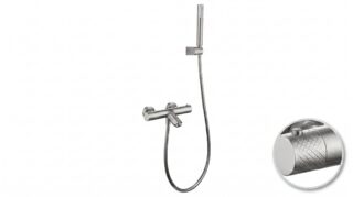 Stijlvolle thermostatische bad/douchekraan in geborsteld nikkel. Geleverd als complete set met handdouche, doucheslang en wandhaak. Verkrijgbaar in 6 kleuren.
