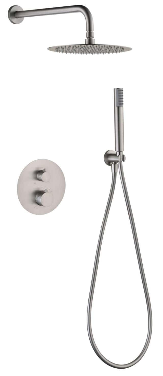 Moderne thermostatische inbouwdoucheset in geborsteld nikkel, voorzien van een hoofddouche van Ø25 cm en een losse handdoucheset. Uitgevoerd met muuraansluiting. Verkrijgbaar in 6 kleuren en geleverd met 5 jaar garantie.