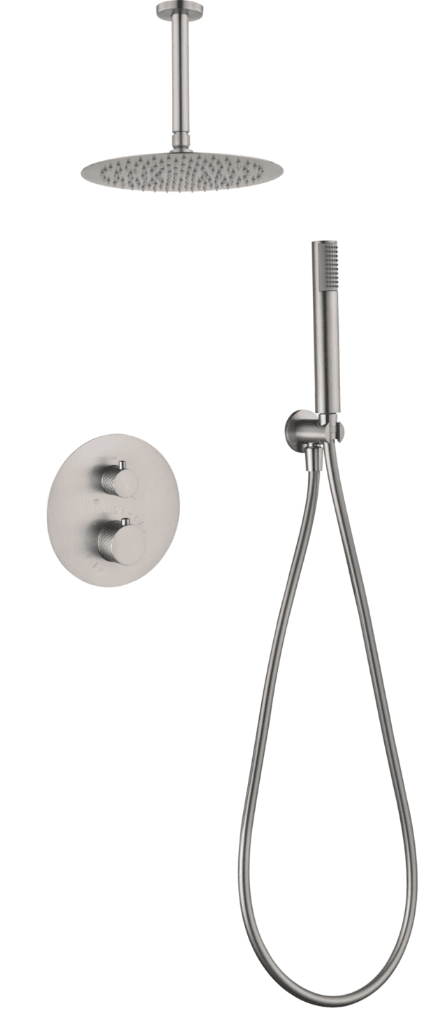 Moderne thermostatische inbouwdoucheset in geborsteld nikkel, voorzien van een hoofddouche van Ø25 cm en een losse handdoucheset. Uitgevoerd met plafondaansluiting. Verkrijgbaar in 6 kleuren en geleverd met 5 jaar garantie.