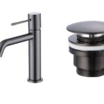 Moderne lage wastafelkraan in black gun metal voor een badmeubel met wastafel, geleverd als complete set inclusief bijpassende clickwaste met duurzame PVD-coating. De clickwaste is een handige pop-up afvoer die je eenvoudig opent en sluit door erop t