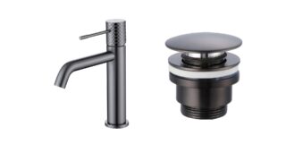 Moderne lage wastafelkraan in black gun metal voor een badmeubel met wastafel, geleverd als complete set inclusief bijpassende clickwaste met duurzame PVD-coating. De clickwaste is een handige pop-up afvoer die je eenvoudig opent en sluit door erop t