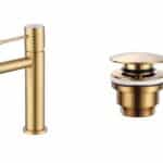 Moderne lage wastafelkraan in geborsteld goud voor een badmeubel met wastafel, geleverd als complete set inclusief bijpassende clickwaste met duurzame PVD-coating. De clickwaste is een handige pop-up afvoer die je eenvoudig opent en sluit door erop t