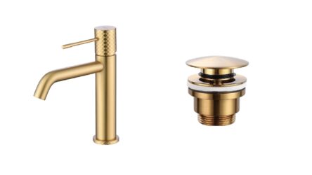 Moderne lage wastafelkraan in geborsteld goud voor een badmeubel met wastafel, geleverd als complete set inclusief bijpassende clickwaste met duurzame PVD-coating. De clickwaste is een handige pop-up afvoer die je eenvoudig opent en sluit door erop t