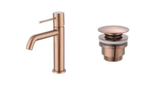 Moderne lage wastafelkraan in geborsteld koper voor een badmeubel met wastafel, geleverd als complete set inclusief bijpassende clickwaste met duurzame PVD-coating. De clickwaste is een handige pop-up afvoer die je eenvoudig opent en sluit door erop
