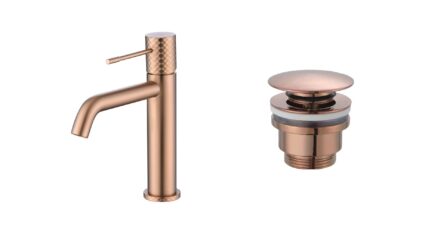 Moderne lage wastafelkraan in geborsteld koper voor een badmeubel met wastafel, geleverd als complete set inclusief bijpassende clickwaste met duurzame PVD-coating. De clickwaste is een handige pop-up afvoer die je eenvoudig opent en sluit door erop