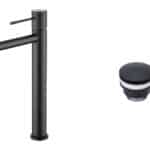 Moderne hoge wastafelkraan in mat zwart voor een badmeubel met waskom, geleverd als complete set inclusief bijpassende clickwaste met duurzame PVD-coating. De clickwaste is een handige pop-up afvoer die je eenvoudig opent en sluit door erop te drukke