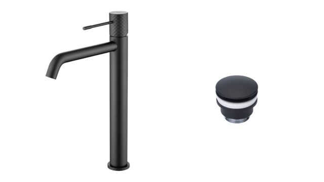 Moderne hoge wastafelkraan in mat zwart voor een badmeubel met waskom, geleverd als complete set inclusief bijpassende clickwaste met duurzame PVD-coating. De clickwaste is een handige pop-up afvoer die je eenvoudig opent en sluit door erop te drukke