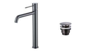 Moderne hoge wastafelkraan in black gun metal voor een badmeubel met waskom, geleverd als complete set inclusief bijpassende clickwaste met duurzame PVD-coating. De clickwaste is een handige pop-up afvoer die je eenvoudig opent en sluit door erop te