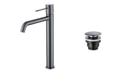 Moderne hoge wastafelkraan in black gun metal voor een badmeubel met waskom, geleverd als complete set inclusief bijpassende clickwaste met duurzame PVD-coating. De clickwaste is een handige pop-up afvoer die je eenvoudig opent en sluit door erop te