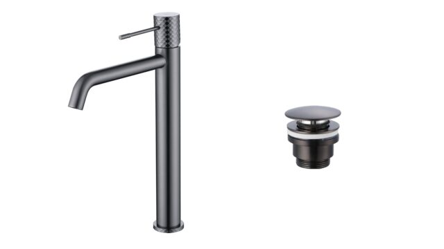 Moderne hoge wastafelkraan in black gun metal voor een badmeubel met waskom, geleverd als complete set inclusief bijpassende clickwaste met duurzame PVD-coating. De clickwaste is een handige pop-up afvoer die je eenvoudig opent en sluit door erop te