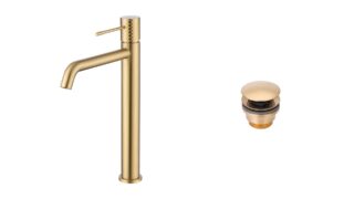 Moderne hoge wastafelkraan in geborsteld goud voor een badmeubel met waskom, geleverd als complete set inclusief bijpassende clickwaste met duurzame PVD-coating. De clickwaste is een handige pop-up afvoer die je eenvoudig opent en sluit door erop te