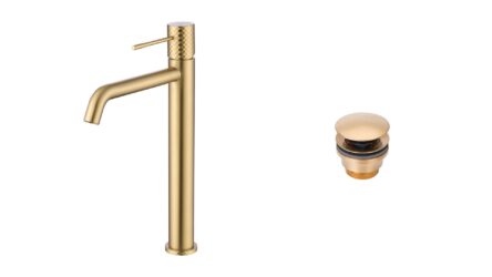 Moderne hoge wastafelkraan in geborsteld goud voor een badmeubel met waskom, geleverd als complete set inclusief bijpassende clickwaste met duurzame PVD-coating. De clickwaste is een handige pop-up afvoer die je eenvoudig opent en sluit door erop te