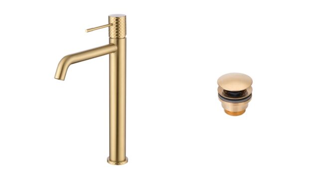Moderne hoge wastafelkraan in geborsteld goud voor een badmeubel met waskom, geleverd als complete set inclusief bijpassende clickwaste met duurzame PVD-coating. De clickwaste is een handige pop-up afvoer die je eenvoudig opent en sluit door erop te