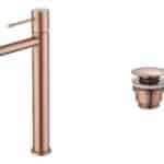 Moderne hoge wastafelkraan in geborsteld koper voor een badmeubel met waskom, geleverd als complete set inclusief bijpassende clickwaste met duurzame PVD-coating. De clickwaste is een handige pop-up afvoer die je eenvoudig opent en sluit door erop te