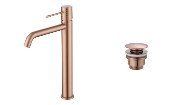 Moderne hoge wastafelkraan in geborsteld koper voor een badmeubel met waskom, geleverd als complete set inclusief bijpassende clickwaste met duurzame PVD-coating. De clickwaste is een handige pop-up afvoer die je eenvoudig opent en sluit door erop te