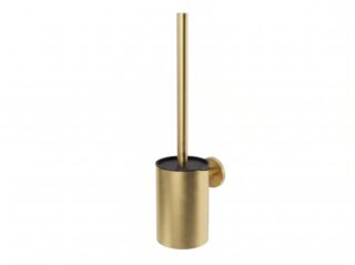 Strakke toiletborstel met wandhouder uit de Grav serie, uitgevoerd in geborsteld goud met duurzame PVD-coating. Voor wandmontage. De afwerking sluit exact aan bij de geborsteld gouden PVD-afwerking van de Van Heck kranen.
