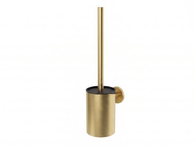 Strakke toiletborstel met wandhouder uit de Grav serie, uitgevoerd in geborsteld goud met duurzame PVD-coating. Voor wandmontage. De afwerking sluit exact aan bij de geborsteld gouden PVD-afwerking van de Van Heck kranen.