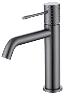 Stijlvolle lage wastafelkraan in black gun metal, ontworpen voor gebruik bij een badmeubel met wastafel. Voorzien van een duurzame PVD-coating, 5 jaar garantie en verkrijgbaar in 5 kleuren.
