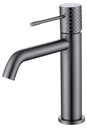 Stijlvolle lage wastafelkraan in black gun metal, ontworpen voor gebruik bij een badmeubel met wastafel. Voorzien van een duurzame PVD-coating, 5 jaar garantie en verkrijgbaar in 5 kleuren.