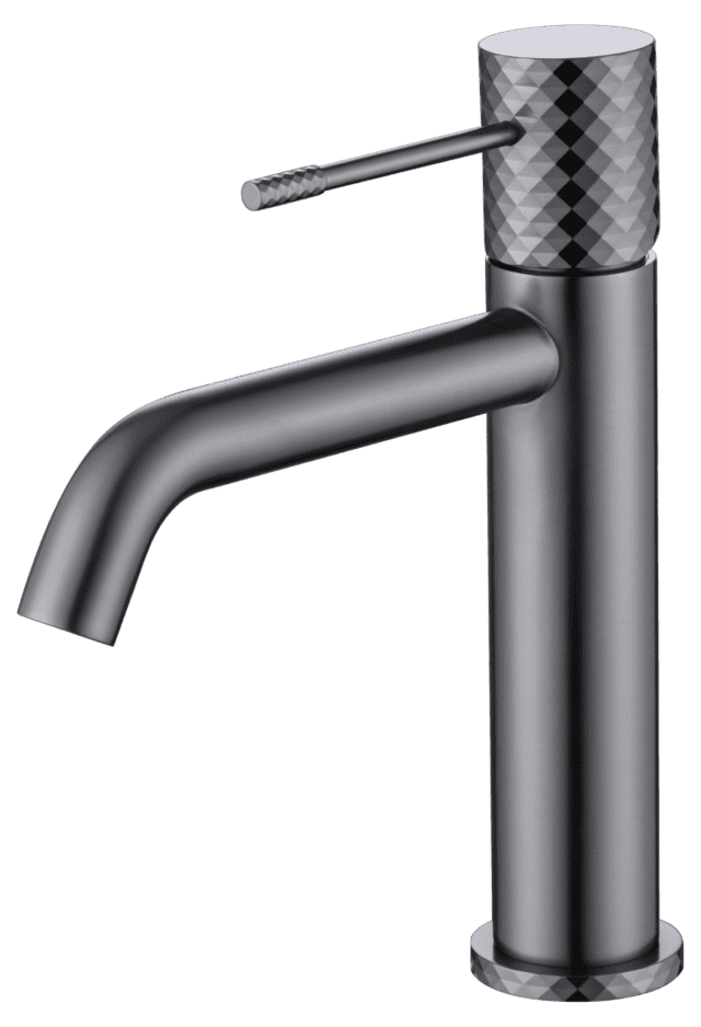 Stijlvolle lage wastafelkraan in black gun metal, ontworpen voor gebruik bij een badmeubel met wastafel. Voorzien van een duurzame PVD-coating, 5 jaar garantie en verkrijgbaar in 5 kleuren.