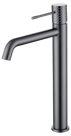 Moderne hoge wastafelkraan in black gun metal, geschikt voor een badmeubel met waskom. Voorzien van een duurzame PVD-coating, 5 jaar garantie en verkrijgbaar in 5 kleuren.