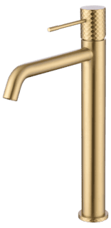 Moderne hoge wastafelkraan in geborsteld goud, geschikt voor een badmeubel met waskom. Voorzien van een duurzame PVD-coating, 5 jaar garantie en verkrijgbaar in 5 kleuren.
