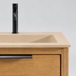 Modern naturel eiken badkamermeubel 160 cm met twee lades en mat witte mineraalstenen wastafel