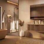 Het Riva badkamermeubel 120 in donker eiken ademt luxe en rust. Massief eiken met groevenfront, hoogwaardige softclose lades en een mat beige Mineraalsteen dubbel wastafel. De wastafel kan met of zonder kraangaten worden geleverd.