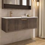 Modern donker eiken badkamermeubel 60 cm met één lade en mat beige mineraalstenen wastafel