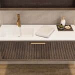 Modern donker eiken badkamermeubel 60 cm met één lade en mat beige mineraalstenen wastafel