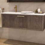 Modern donker eiken badkamermeubel 60 cm met één lade en mat beige mineraalstenen wastafel