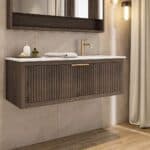 Modern donker eiken badkamermeubel 60 cm met twee lades en mat beige mineraalstenen wastafel
